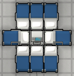 Compact placement of 8 hospital beds around a vitals monitor